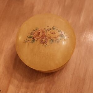 Vintage Alabaster Hinged Trinket Jewelry Box With Flowers Made In Italy